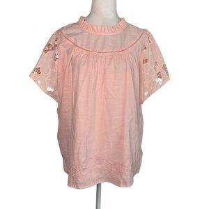 NWT MIRA Women’s Large Baby Pink Floral Lace Detail Ruffle Neck Feminine Blouse